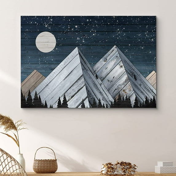 PixonSign Canvas Print Wall Art Woodblock Full Moon & Mountains Nature Wilderness Wood Panels Modern Art Contemporary Scenic Relax/Calm Multicolor Warm for Living Room, Bedroom, Office - 24x36