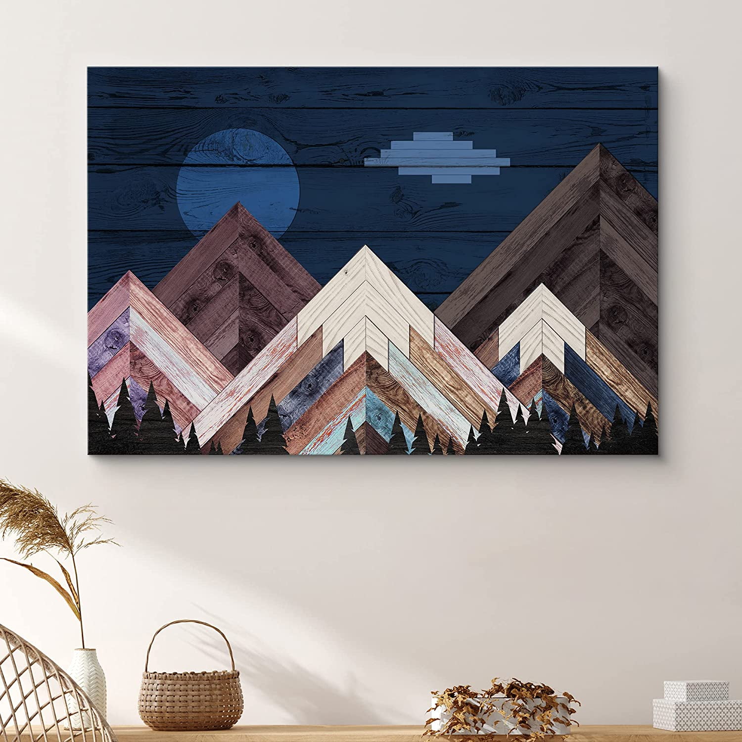 PixonSign Canvas Print Wall Art Woodblock Night Mountain Range Nature ...