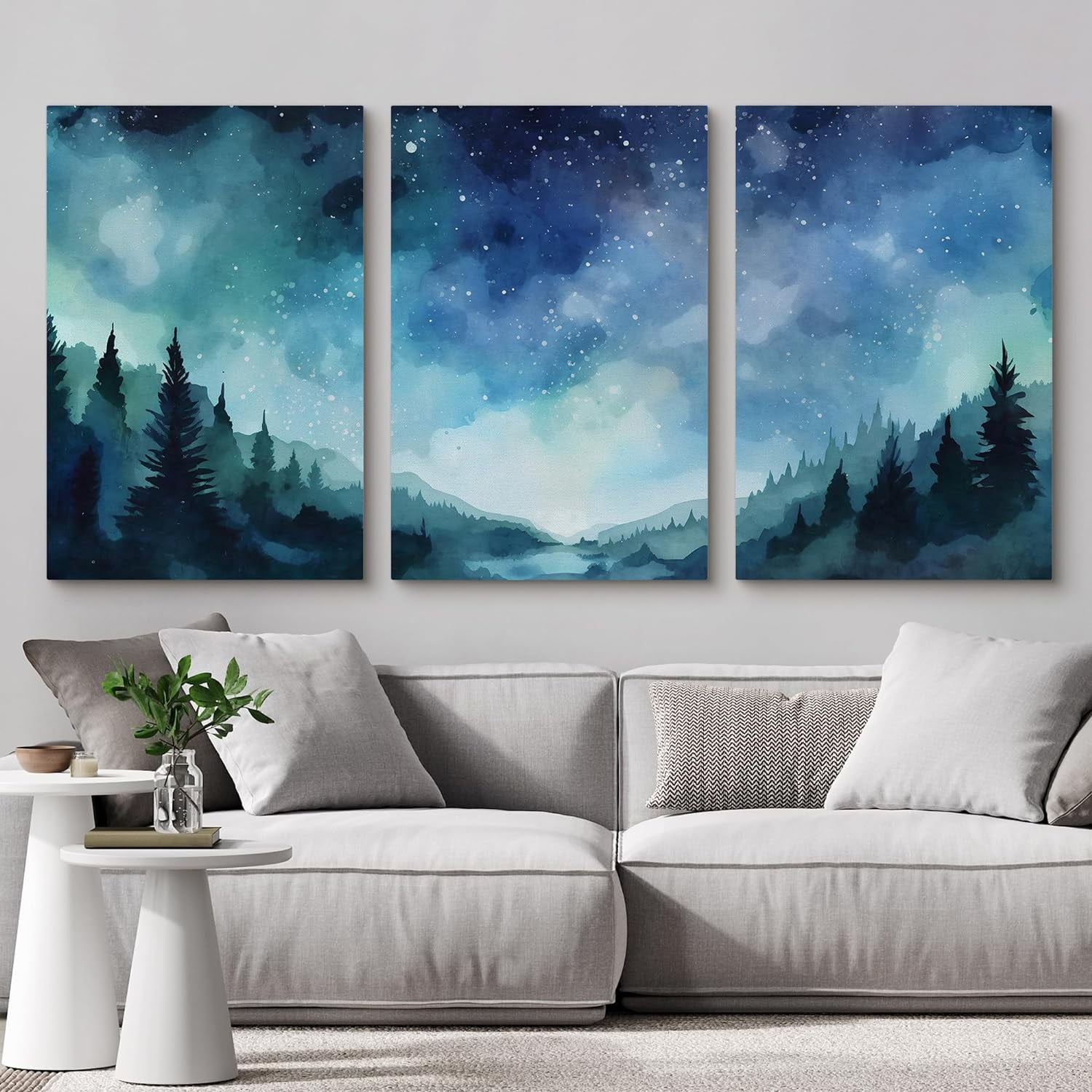 PixonSign Canvas Wall Art Set Pastel Blue Star Sky Forest Pine Tree ...