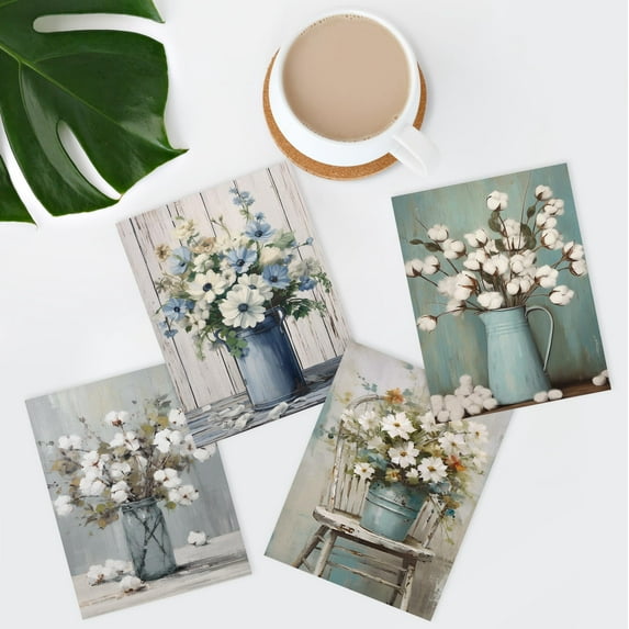 PixonSign Floral Adhesive Canvas Posters, Wildflowers in Vases Wall Art Prints, Set of 4 Countryside Farmhouse Wood Panel Paintings, Colorful Wall Décor for Home Decor - 8"x10"