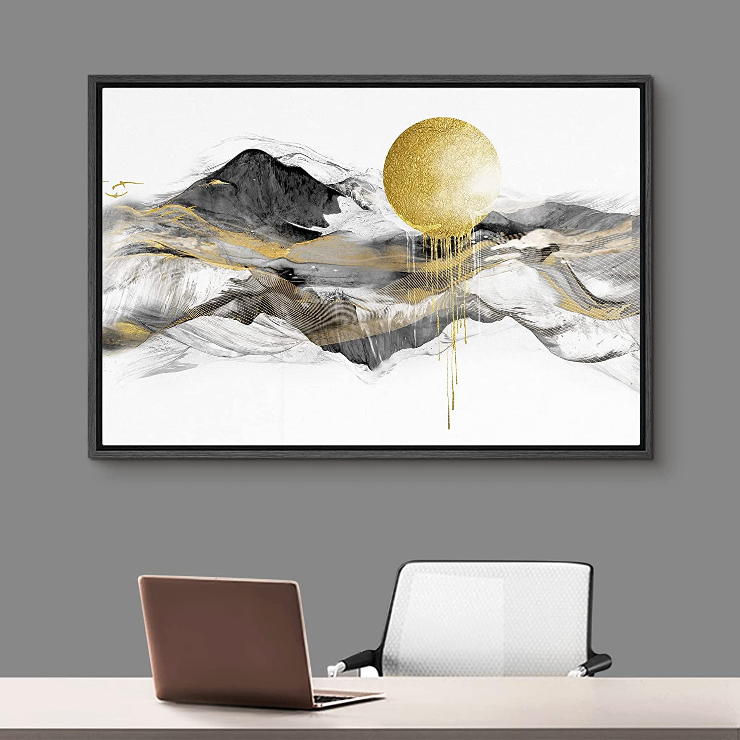 PixonSign Framed Canvas Print Wall Art Abstract Gold Geometric Sun