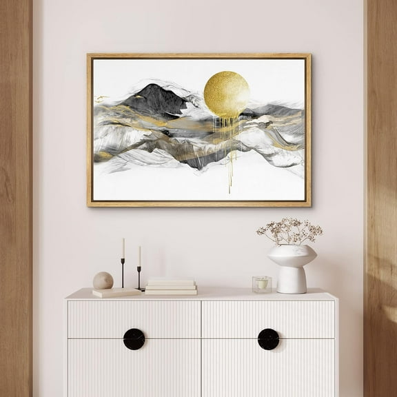 PixonSign Framed Canvas Print Wall Art Abstract Gold Geometric Sun & Mountain Ranges Print Landscape Ink Painting Nature Wilderness Illustrations Modern Art Rustic Decor - 16"x24" Natural