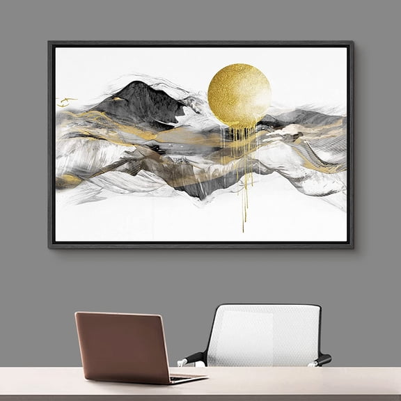 PixonSign Framed Canvas Print Wall Art Abstract Gold Geometric Sun & Mountain Ranges Print Landscape Ink Painting Nature Wilderness Illustrations Modern Art Rustic Decor - 24"x36" Black