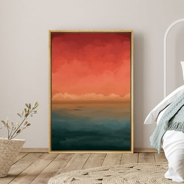 PixonSign Framed Canvas Print Wall Art Abstract Ocean Horizon Landscape Scenic Shapes Illustrations Modern Art Contemporary Dramatic Multicolor for Living Room, Bedroom, Office - 16"x24" Natural
