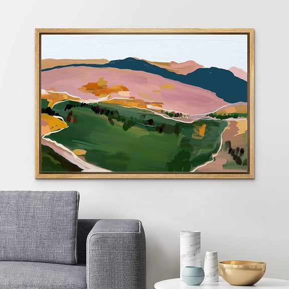 PixonSign Framed Canvas Print Wall Art Aerial View Pastel Mountain Range Forest Nature Wilderness Illustrations Modern Art Decorative Minimal Rustic for Living Room, Bedroom, Office - 24"x36" NATURAL