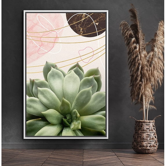 PixonSign Framed Canvas Print Wall Art Agave Succulent by Brown Circle Botanical Wilderness Mixed Media Modern Art Chic Colorful Multicolor Pastel for Living Room, Bedroom, Office - 16"x24" White