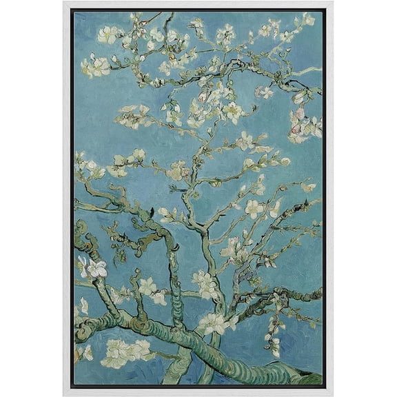 PixonSign Framed Canvas Print Wall Art Almond Blossoms by Vincent Van Gogh Nature Wilderness Illustrations Modern Art Decorative Floral Botanical Minimal Calm/Relax/Cozy Fine Art - 24"x36" White