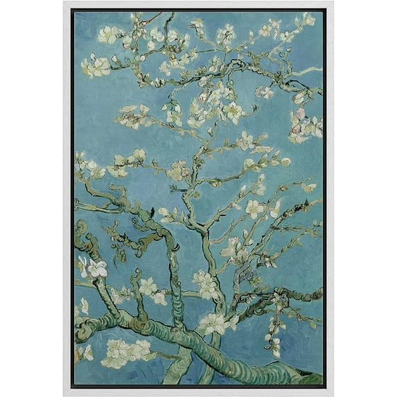 PixonSign Framed Canvas Print Wall Art Almond Blossoms by Vincent Van Gogh Nature Wilderness Illustrations Modern Art Decorative Floral Botanical Minimal Calm/Relax/Cozy Fine Art - 24"x36" White