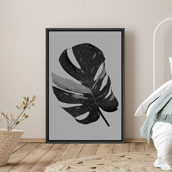 PixonSign Framed Canvas Print Wall Art Big Monstera Leaf on Gray Background Nature Plants Photography Modern Art Chic Relax/Calm Dark Black and White for Living Room, Bedroom, Office - 16"x24" Black