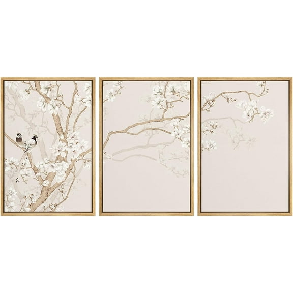PixonSign Framed Canvas Print Wall Art Bird in Cherry Blossom Tree Minimalism Nature Wilderness Illustrations Modern Art Botanical Floral Farmhouse/Country Multicolor Zen - 16"x24"x3 Natural