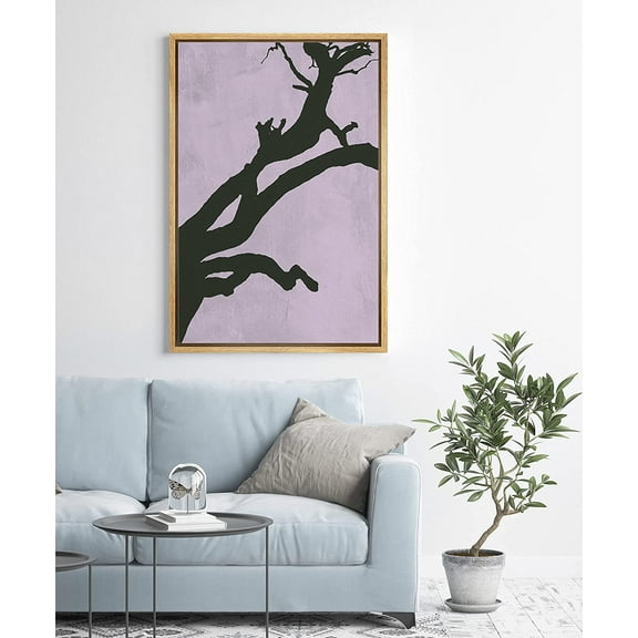 PixonSign Framed Canvas Print Wall Art Black Branches on Pink Background Floral Wilderness Illustrations Minimalism Modern Colorful Multicolor Dark for Living Room, Bedroom, Office - 24"x36" Natural