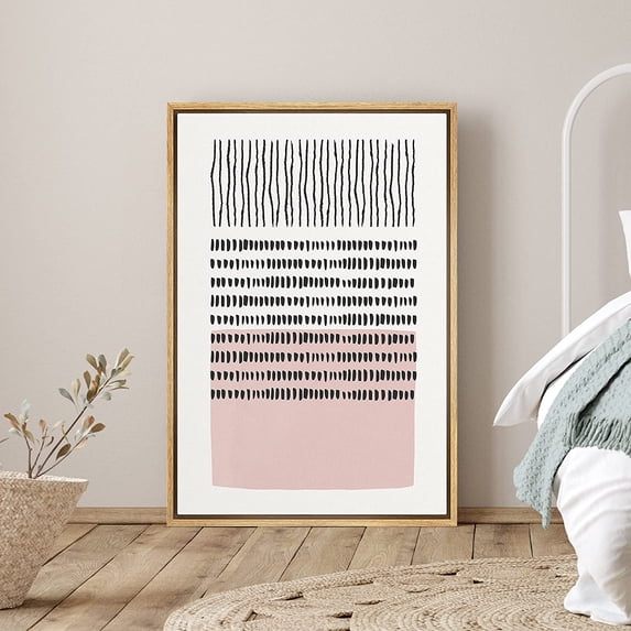 PixonSign Framed Canvas Print Wall Art Black Lines Over Pink Color Field Abstract Shapes Illustrations Expressionism Contemporary Edgy Multicolor for Living Room, Bedroom, Office - 16"x24" Natural