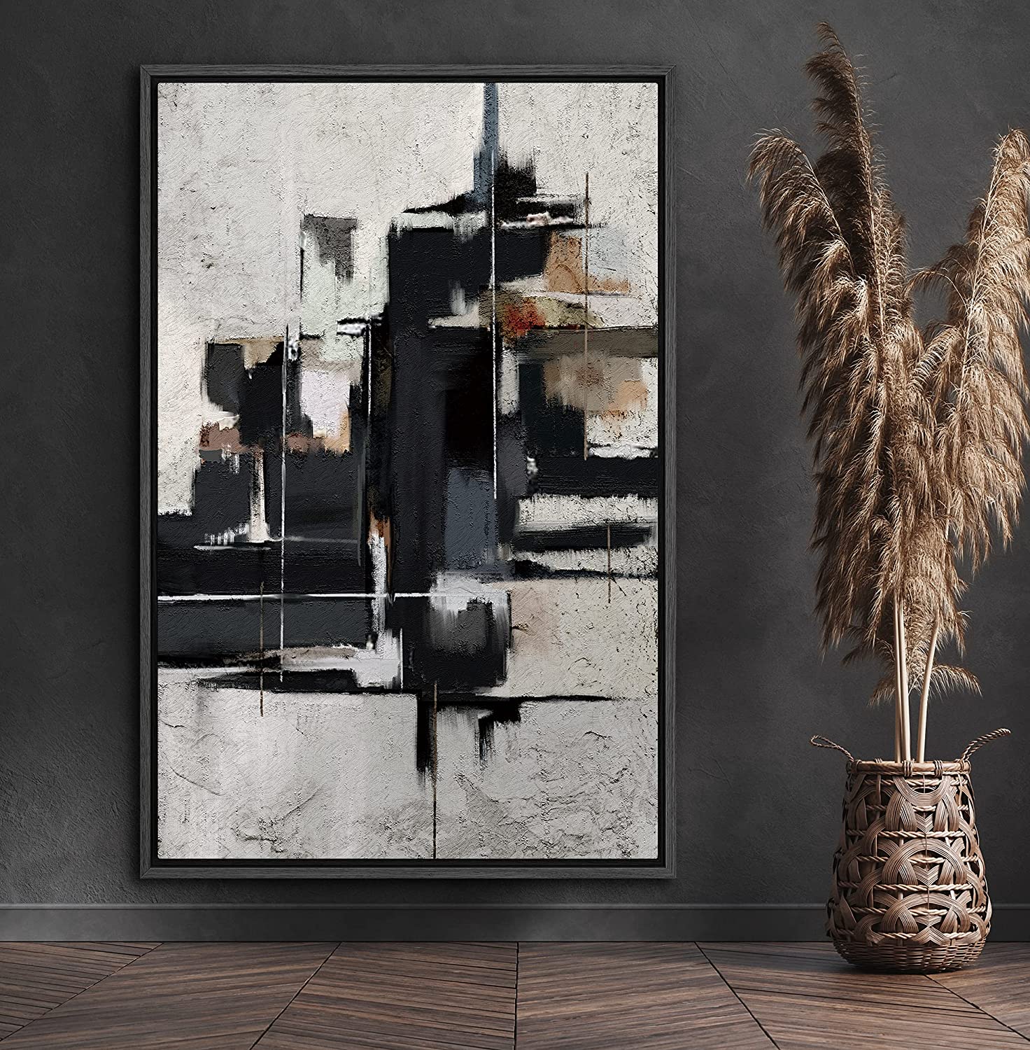 PixonSign Framed Canvas Print Wall Art Black Panels on Grunge Gray ...