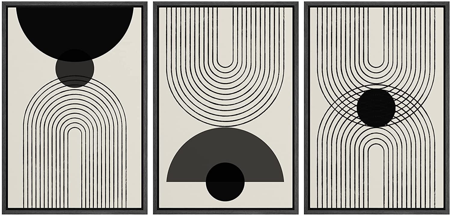 Modern Black and White Abstract Shapes Framed Canvas Print Set