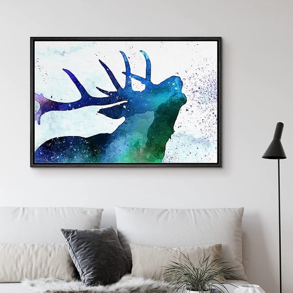 PixonSign Framed Canvas Print Wall Art Blue and Green Watercolor Elk Animals Wilderness Illustrations Modern Art Farmhouse/Country Fun Multicolor Pastel for Living Room, Bedroom, Office - 24"x36"