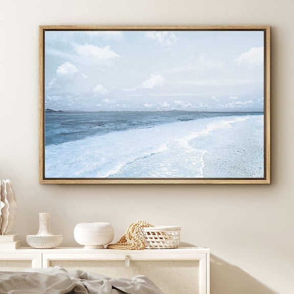 PixonSign Framed Canvas Print Wall Art Blue Ocean Waves Along Beach Shore Nature Wilderness Photography Realism Contemporary Scenic Dramatic Blue for Living Room, Bedroom, Office - 16"x24" Natural