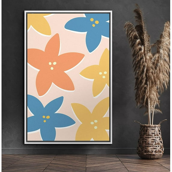 PixonSign Framed Canvas Print Wall Art Blue & Orange Flower Print Nature Wilderness Illustrations Modern Art Contemporary Colorful Multicolor for Living Room, Bedroom, Office - 24x36 White