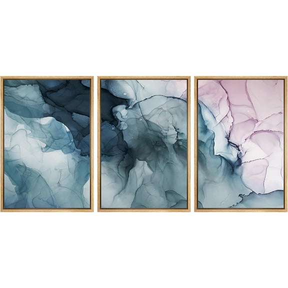 PixonSign Framed Canvas Print Wall Art Blue Pink Marble Smoke Wave Landscape Abstract Shapes Illustrations Mid-Century Modern Minimalism Scenic Relax/Calm Multicolor Zen - 16"x24"x3 Natural