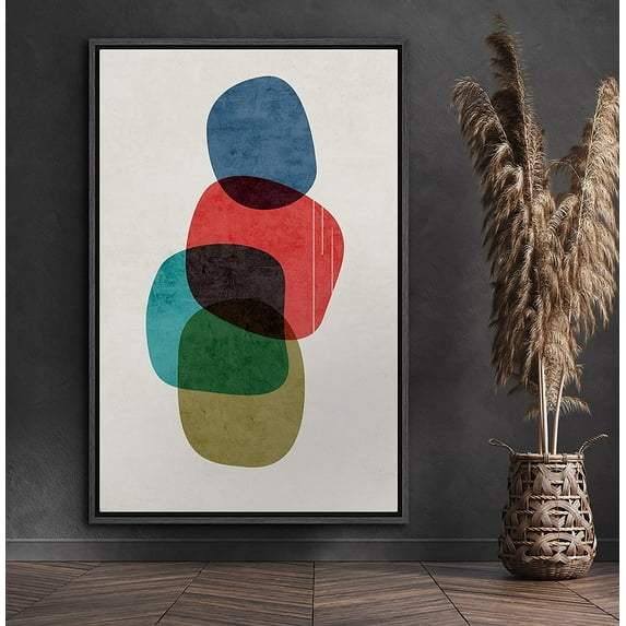 PixonSign Framed Canvas Print Wall Art Blue, Red, Teal Watercolor Squares Abstract Shapes Illustrations Minimalism Chic Relax/Calm Multicolor Warm for Living Room, Bedroom, Office - 24"x36" Black