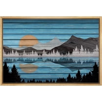 PixonSign Framed Canvas Print Wall Art Blue Sky Lake Mountain Range Nature Wilderness Digital Art Wood Panel Landscape Farmhouse/Country Relax/Calm/Cozy Geometric Abstract - 16"x24" Natural