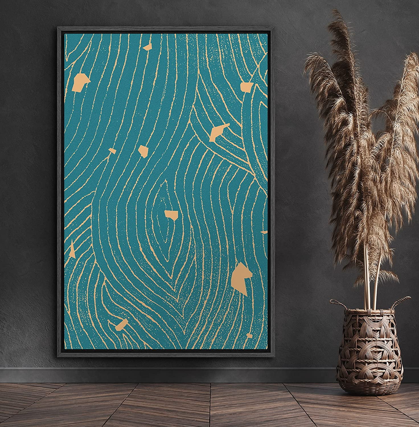 PixonSign Framed Canvas Print Wall Art Blue Swirling Print with Gold Flakes Geometric Shapes Illustrations Modern Art Minimalist Dramatic Multicolor for Living Room, Bedroom, Office - 24"x36" Black