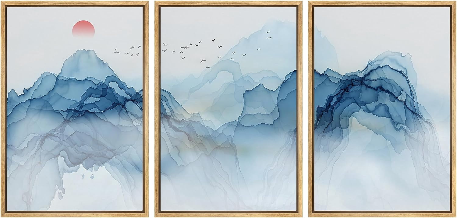 PixonSign Framed Canvas Print Wall Art Blue Wave Mountain Range ...