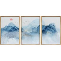 PixonSign Framed Canvas Print Wall Art Blue Wave Mountain Range Landscape Abstract Shapes Illustrations Mid-Century Modern Minimalism Scenic Relax/Calm Multicolor Zen - 16"x24"x3 Natural