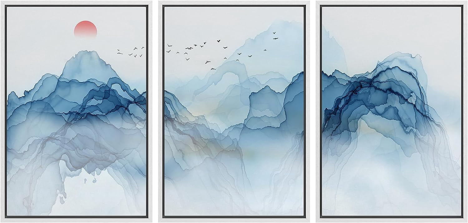 PixonSign Framed Canvas Print Wall Art Blue Wave Mountain Range ...