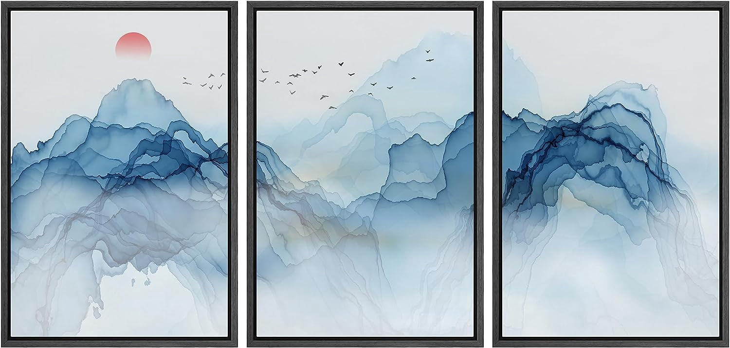 PixonSign Framed Canvas Print Wall Art Blue Wave Mountain Range ...