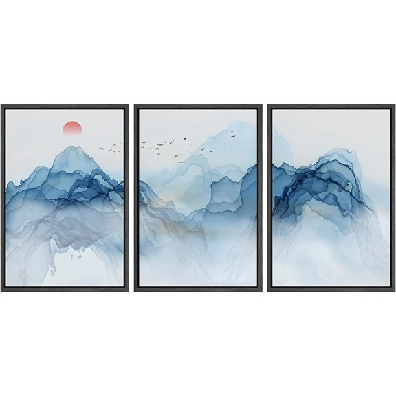 PixonSign Framed Canvas Print Wall Art Blue Wave Mountain Range Landscape Abstract Shapes Illustrations Mid-Century Modern Minimalism Scenic Relax/Calm Multicolor Zen - 24"x36"x3 Black