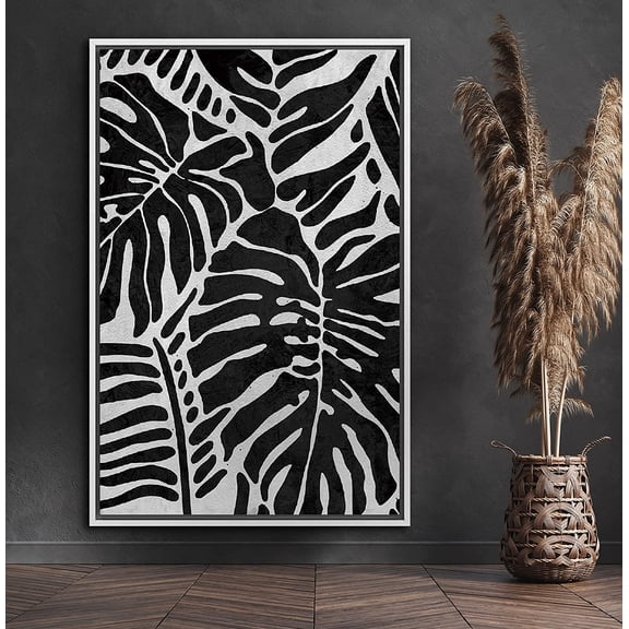 PixonSign Framed Canvas Print Wall Art Branch with Flowing Leaves Nature Wildlife Illustrations Modern Art Modern Dramatic Grey Dark Black and White for Living Room, Bedroom, Office - 24"x36" White