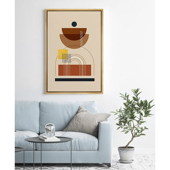 PixonSign Framed Canvas Print Wall Art Brown Semi-Circle Variety with Gold Square Geometric Shapes Digital Art Modern Art Minimalist Relax/Calm Warm Boho Decor for Living Room, Bedroom - 24"x36"
