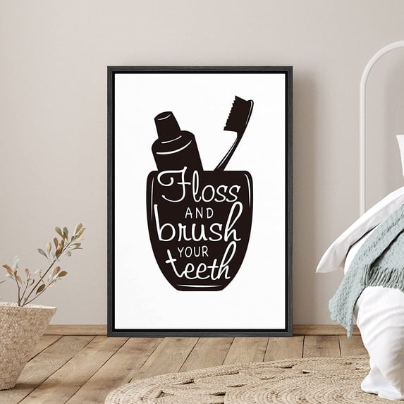 PixonSign Framed Canvas Print Wall Art Brush Teeth and Floss Phrase People Structure Typography Modern Art Decorative Elements Fun Black and White for Living Room, Bedroom, Office - 24"x36" Black