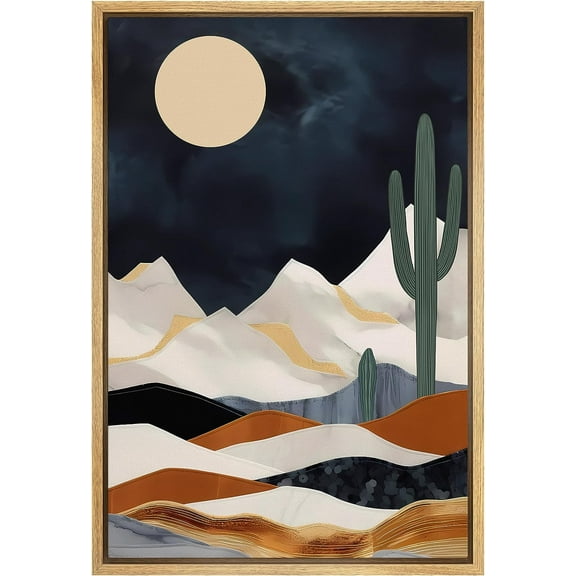 PixonSign Framed Canvas Print Wall Art Cactus Desert Mountain Range Nature Wilderness Illustrations Decorative Bohemian Rustic Mid-Century Modern Desert Landscape - 24"x36" Natural