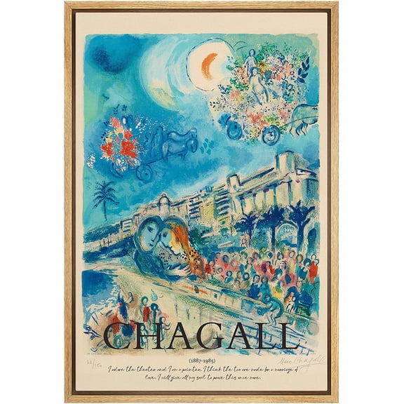 PixonSign Framed Canvas Print Wall Art Chagall Crescent Moon Pastel Floral Landscape Classic Vintage Illustrations Fine Art Decorative Multicolor for Living Room, Bedroom, Office - 16"x24" NATURAL