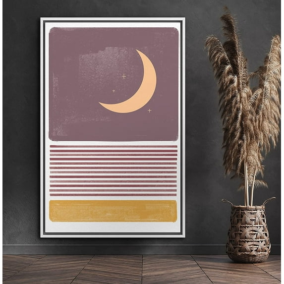 PixonSign Framed Canvas Print Wall Art Crescent Moon Over Lines Nature Wildlife Illustrations Modern Art Modern Scenic Relax/Calm Brown Warm Boho Decor for Living Room, Bedroom - 24"x36" White