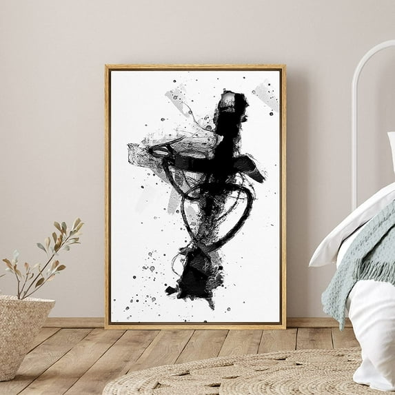 PixonSign Framed Canvas Print Wall Art Cross Shaped Abstract Black Brushstroke Decorative Shapes Illustrations Modern Art Alternative Edgy Dark for Living Room, Bedroom, Office - 16"x24" Natural