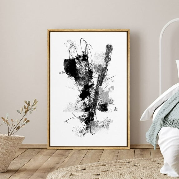 PixonSign Framed Canvas Print Wall Art Curved Black Blushstrokes with Thin Lines Decorative Shapes Illustrations Modern Art Alternative Edgy Dark for Living Room, Bedroom, Office - 16"x24" Natural