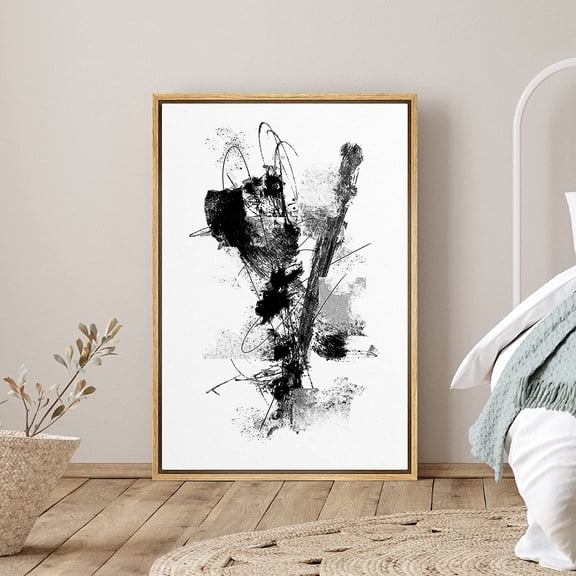 PixonSign Framed Canvas Print Wall Art Curved Black Blushstrokes with Thin Lines Decorative Shapes Illustrations Modern Art Alternative Edgy Dark for Living Room, Bedroom, Office - 16"x24" Natural