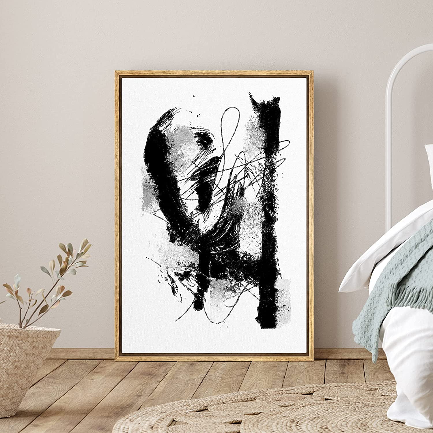 PixonSign Framed Canvas Print Wall Art Curved Black Grunge Brushstrokes ...
