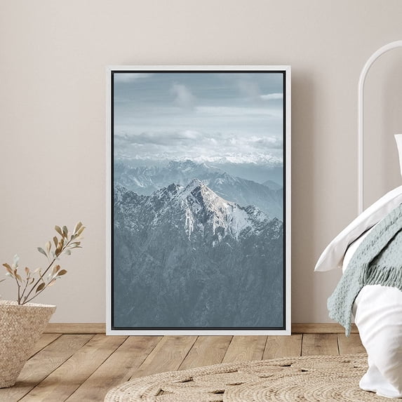 PixonSign Framed Canvas Print Wall Art Dark Forest and Mountain Scene Nature Wilderness Photography Modern Art Bohemian Scenic Relax/Calm Blue Cool for Living Room, Bedroom, Office - 16"x24" White