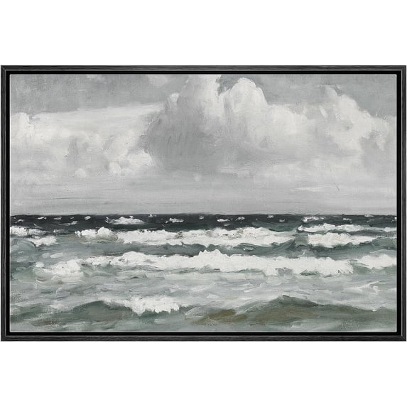 PixonSign Framed Canvas Print Wall Art Dark Storm Cloud Ocean Waves Nature Wilderness Illustrations Fine Art Decorative Farmhouse/Country Relax/Calm/Cozy Multicolor Zen for Bedroom - 24"x36" Black