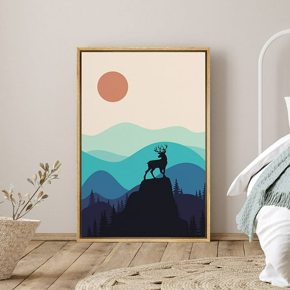 PixonSign Framed Canvas Print Wall Art Deer Over Teal Mountain Range Animals Wilderness Illustrations Modern Art Contemporary Scenic Colorful Boho Decor for Living Room, Bedroom - 24"x36" Natural