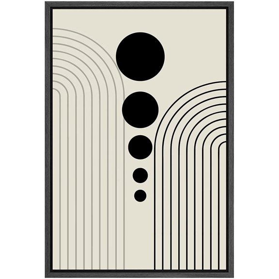 PixonSign Framed Canvas Print Wall Art Duotone Geometric Stripe Waves Dark Circles Abstract Shapes Illustrations Modern Art Boho Decorative Chic for Living Room, Bedroom, Office - 16"x24" BLACK