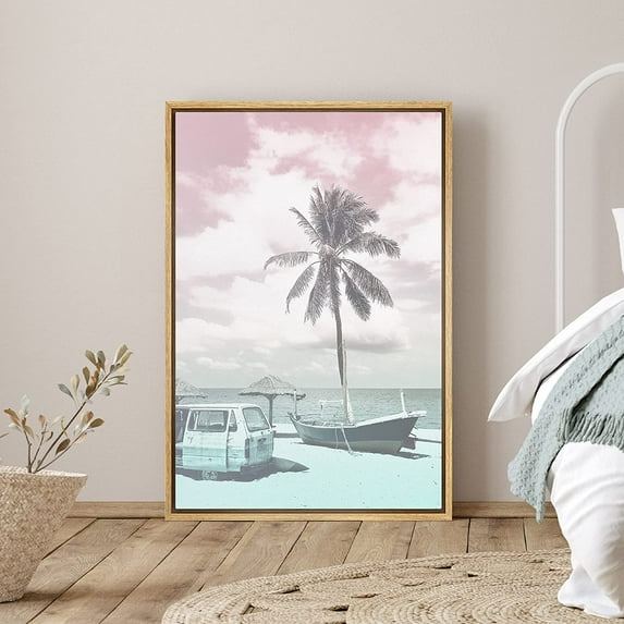 PixonSign Framed Canvas Print Wall Art Duotone Pink & Teal Beach Minivan & Boat Nature Ocean Photography Realism Nautical Landscape Colorful Multicolor for Living Room, Bedroom, Office - 24"x36"