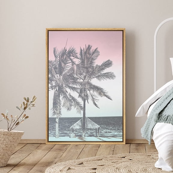 PixonSign Framed Canvas Print Wall Art Duotone Pink & Teal Beach Palm Trees Nature Ocean Photography Realism Nautical Landscape Colorful Multicolor for Living Room, Bedroom, Office - 24"x36"