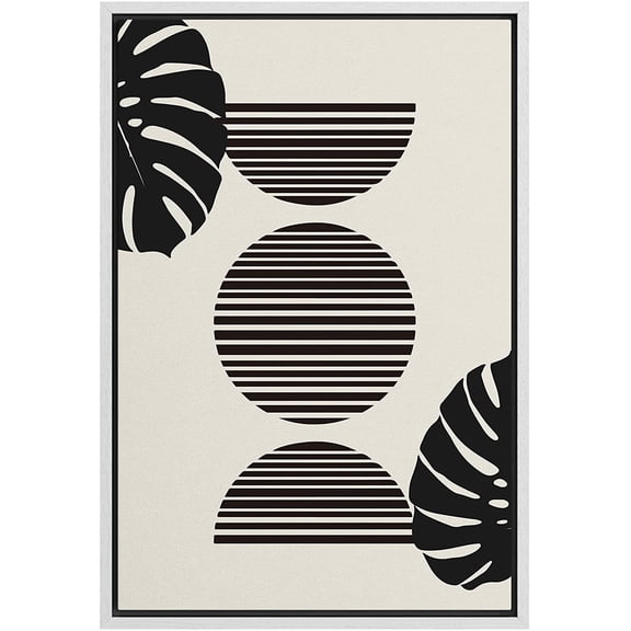 PixonSign Framed Canvas Print Wall Art Duotone Tropical Mid-Century Fan Leaf Collage Abstract Shapes Illustrations Modern Art Boho Decorative Chic for Living Room, Bedroom, Office - 16"x24" WHITE