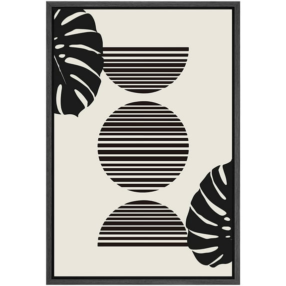 PixonSign Framed Canvas Print Wall Art Duotone Tropical Mid-Century Fan Leaf Collage Abstract Shapes Illustrations Modern Art Boho Decorative Chic for Living Room, Bedroom, Office - 24"x36" BLACK