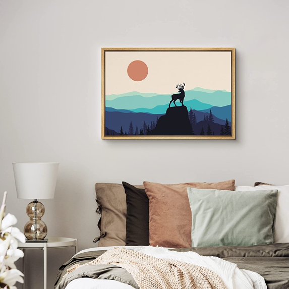 PixonSign Framed Canvas Print Wall Art Elk Over Blue Forest Landscape Nature Wildlife Illustrations Modern Art Contemporary Colorful Multicolor for Living Room, Bedroom, Office - 16"x24" Natural