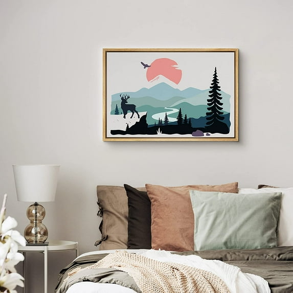 PixonSign Framed Canvas Print Wall Art Elk Over Multicolor Forest Landscape Nature Wildlife Illustrations Modern Art Contemporary Colorful Multicolor Boho Decor for Living Room, Bedroom - 24"x36"